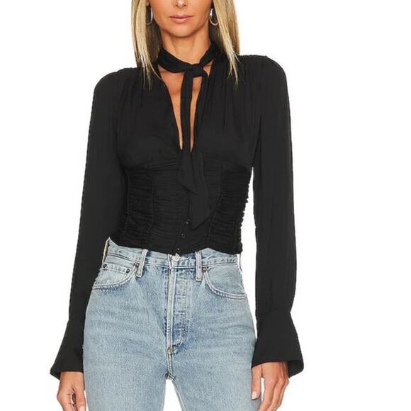 Free People Tops - FREE PEOPLE (L)RUCHED, BUTTON FRONT, LONG BELL SLEEVES, NECK-TIE BLOUSE